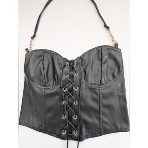 Women's (Large) Edgy Black Faux-Leather Lace-up Bustier/Corset w/Elastic Back